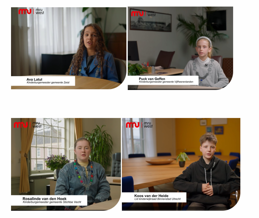 4 afbeeldingen van kinderburgemeessters resp. een lid van de kinderwijkraad in Utrecht; zij zitten in de kamer van de burgemeester in hun woonplaats; Zeist, Vijfheerenlanden, Stichtse Vecht en Utrecht