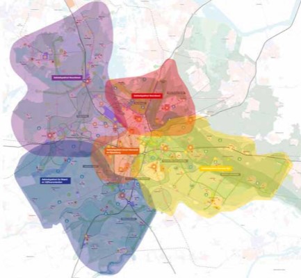 Kaartje met de vijf gebiedsallianties in de MRU West. Paars is Noordwest, blauw is Zuidwest, oranje (midden) is Groot Merwede Rijnenburg, geel is Kromme Rijn en rood is Heuvelrugcorridor